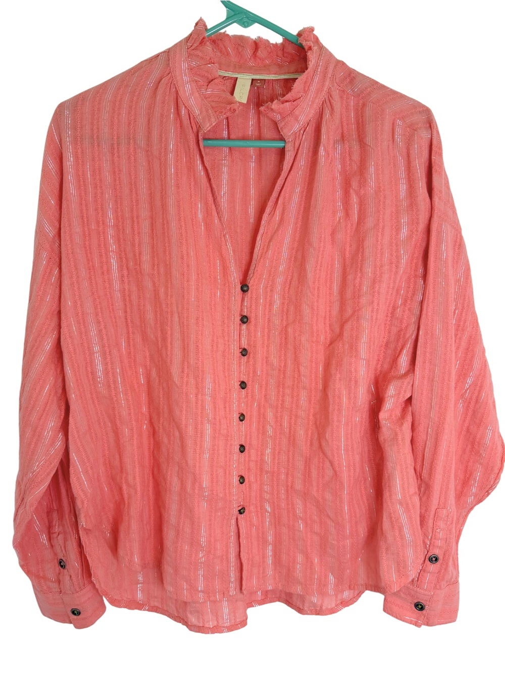 Pilcro Pink & Silver Metallic-Strip Long Sleeve Lightweight Button Down Blouse